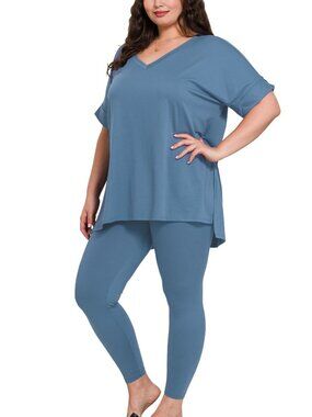 Zenana v-neckbrushed dty loungewear legging set- Dusty Blue